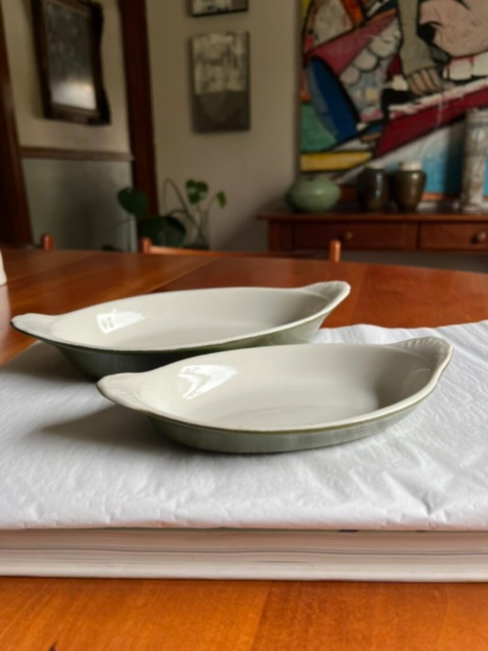 VTG Hall Green & Off Wht #527 & #529 Oblong Restaurant Ware Baking Dishes
